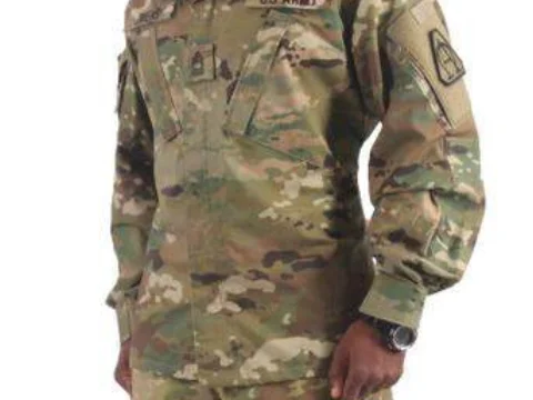 Soldier wearing a Multicam Army combat uniform with unit patches
